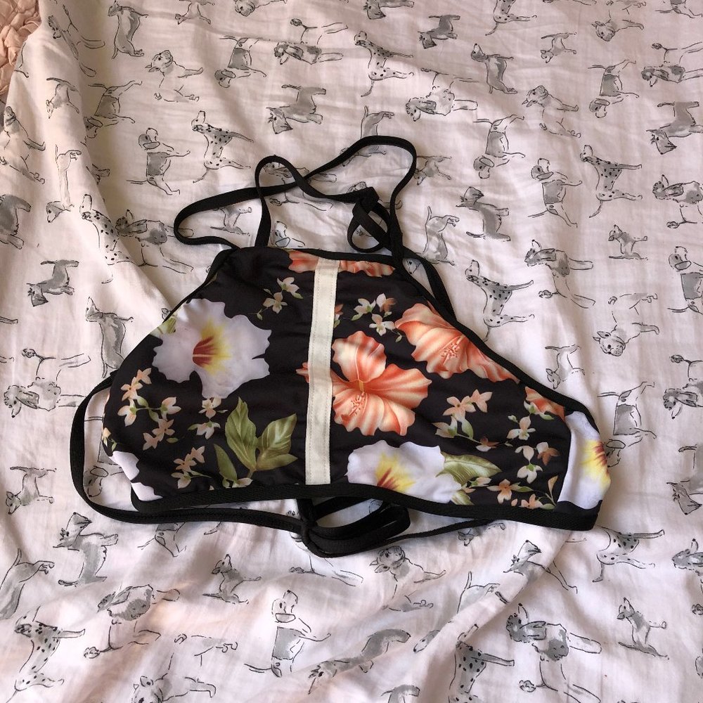 Black Floral Halter Bikini Top
